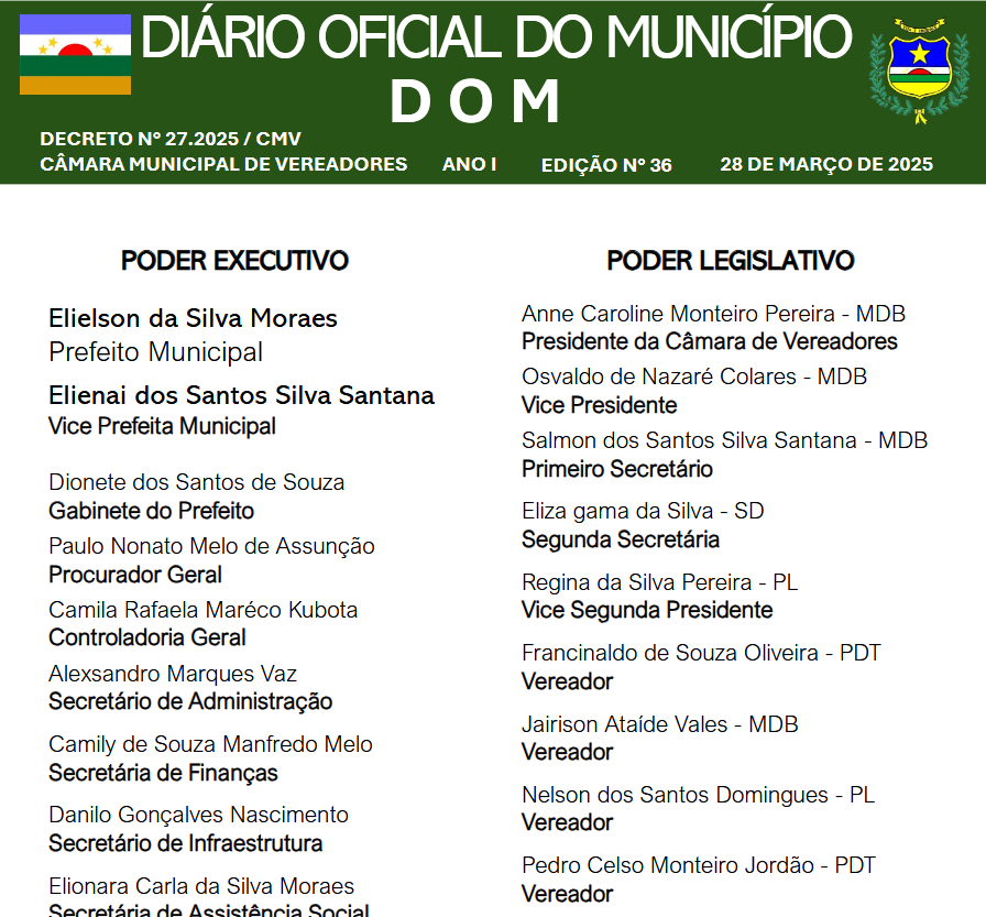 DIÁRIO OFICIAL - EDIÇÃO N° 36 - 28 DE MARÇO DE 2025